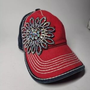 OLIVE & PIQUE BASEBALL HAT, RED/BLUE/BLING